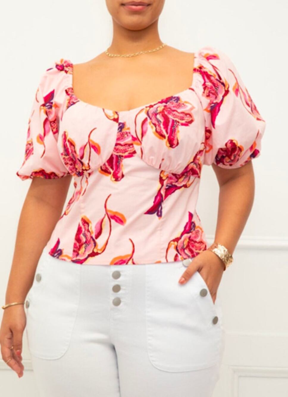 ELOQUII- Puff Sleeve Tropical Smocked Top for Women SIZE 18 CoconutGirl Hawaiian
